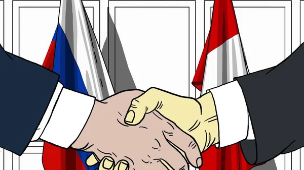 Uomini d'affari o politici stringono la mano contro le bandiere di Russia e Perù. Riunione ufficiale o illustrazione dei cartoni animati relativi alla cooperazione — Foto Stock
