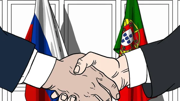 Biznesmenów i polityków uścisnąć dłoń przed flagi Rosji i Portugalii. Oficjalne spotkanie lub współpracy z ilustracja kreskówka — Zdjęcie stockowe