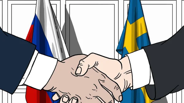 Empresários ou políticos apertam as mãos contra bandeiras da Rússia e da Suécia. Reunião oficial ou ilustração de desenhos animados relacionados com a cooperação — Fotografia de Stock