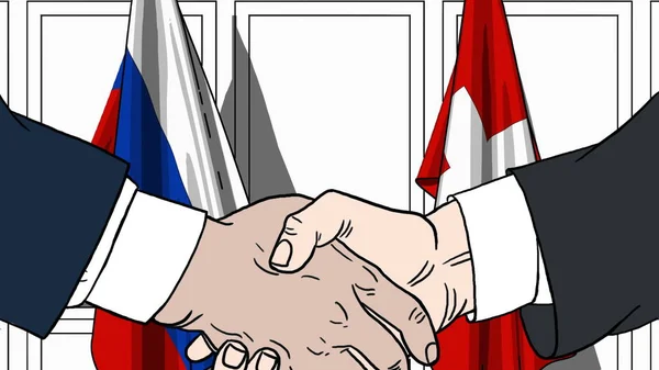 Uomini d'affari o politici stringono la mano contro le bandiere di Russia e Svizzera. Illustrazione dei cartoni animati relativi alla riunione o alla cooperazione — Foto Stock