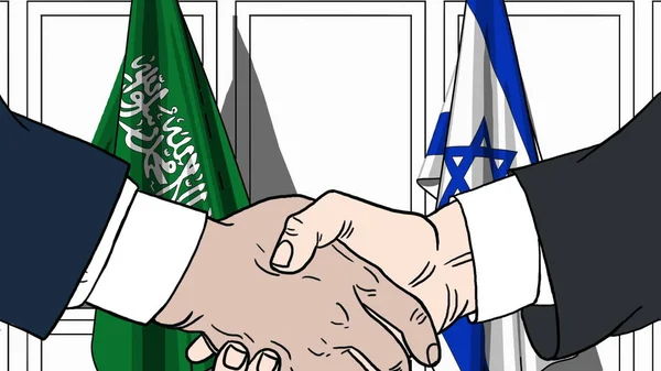 Бизнесмены или политики пожимают руку флагу Саудовской Аравии и Израиля. Официальная иллюстрация встречи или сотрудничества — стоковое фото