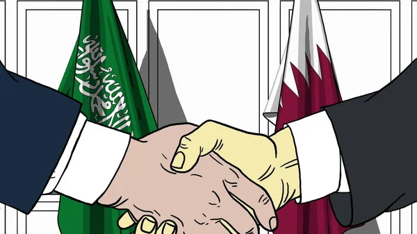 Geschäftsleute oder Politiker schütteln Hände gegen Flaggen Saudi-Arabiens und Katars. offizielles Treffen oder Zusammenarbeit im Zusammenhang mit Cartoon Illustration — Stockfoto