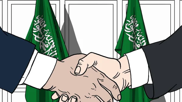 Бизнесмены или политики пожимают руку флагу Саудовской Аравии. Встреча или сотрудничество в области иллюстрации мультфильмов — стоковое фото