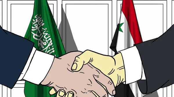 Zakenlieden of politici schudden handen tegen vlaggen van Saoedi-Arabië en Syrië. Officiële bijeenkomst of samenwerking gerelateerde cartoon afbeelding — Stockfoto