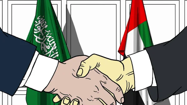 Geschäftsleute oder Politiker schütteln Hände gegen Flaggen saudi-arabischer und uae. offizielles Treffen oder Zusammenarbeit im Zusammenhang mit Cartoon Illustration — Stockfoto