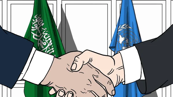 Geschäftsleute oder Politiker schütteln Hände gegen Flaggen saudi-arabischer und vereinter Nationen. offizielles Treffen oder kooperationsbezogene redaktionelle Illustration — Stockfoto