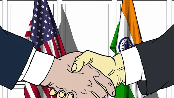 Forretningsmænd eller politikere, der giver hånd mod flag fra USA og Indien. Møde eller samarbejdsrelateret tegneserieillustration - Stock-foto