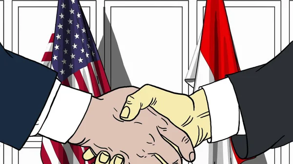 Biznesmenów i polityków, drżenie rąk przed flagi Usa i Indonezji. Spotkanie lub współpracy z ilustracja kreskówka — Zdjęcie stockowe