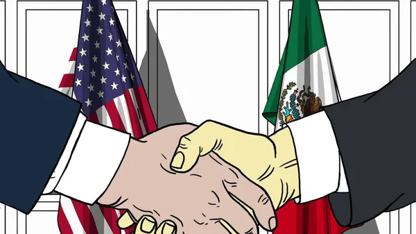 Forretningsmænd eller politikere ryster hænder mod USA 's og Mexicos flag. Møde eller samarbejdsrelateret tegneserieillustration - Stock-foto