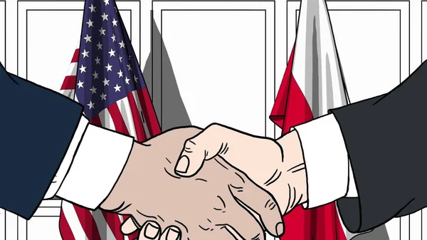 Affärsmän eller politiker skakar hand mot flaggor av Usa och Polen. Officiellt möte eller samarbete med tecknad illustration — Stockfoto