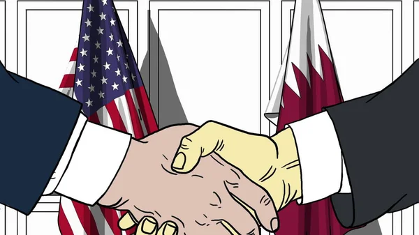 Бизнесмены или политики пожимают руку флагу США и Катара. Официальная иллюстрация встречи или сотрудничества — стоковое фото