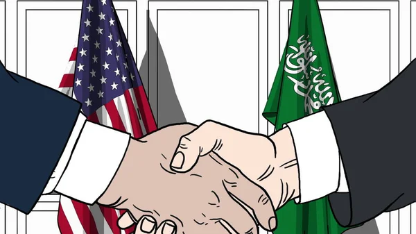 Geschäftsleute oder Politiker schütteln Hände gegen Flaggen der USA und Saudi-Arabiens. Treffen oder Zusammenarbeit im Zusammenhang mit Cartoon Illustration — Stockfoto
