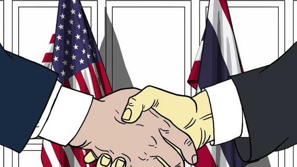 Businessmen or politicians shake hands against flags of USA and Thailand. Official meeting or cooperation related cartoon illustration — Stock Photo, Image