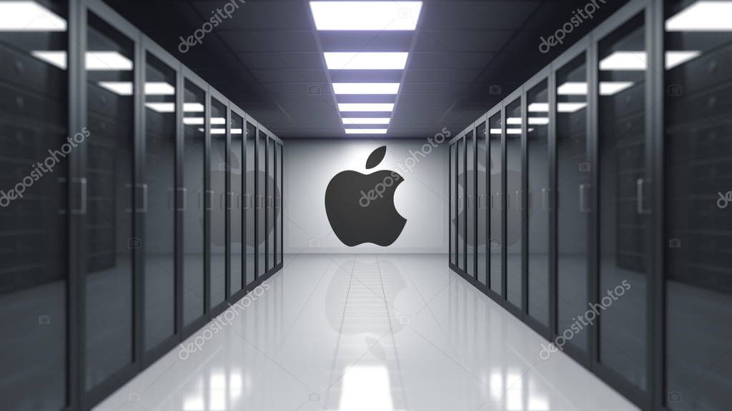 Apple Inc. logo on the wall of the server room. Editorial 3D