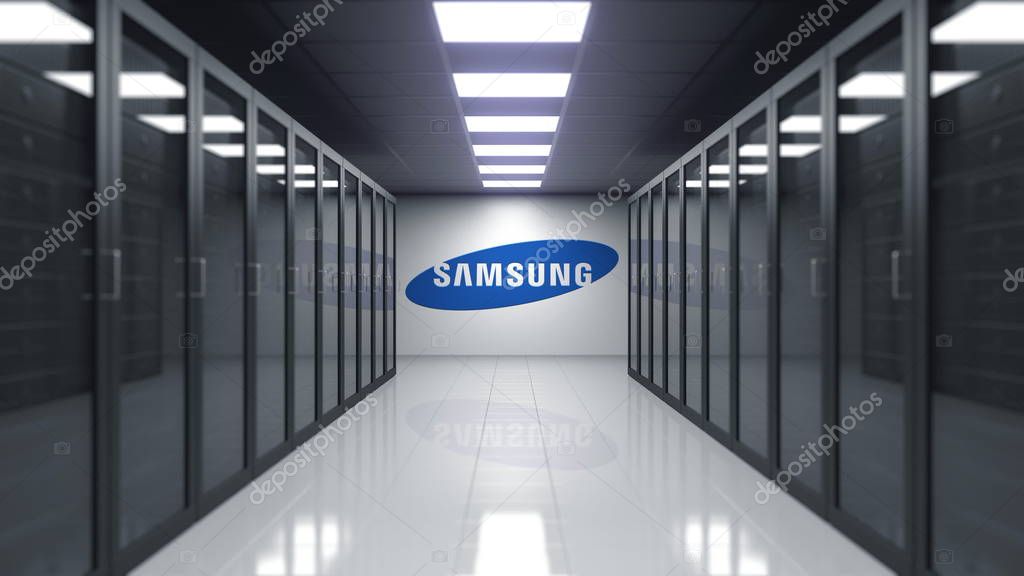 Samsung logo on the wall of the server room. Editorial 3D