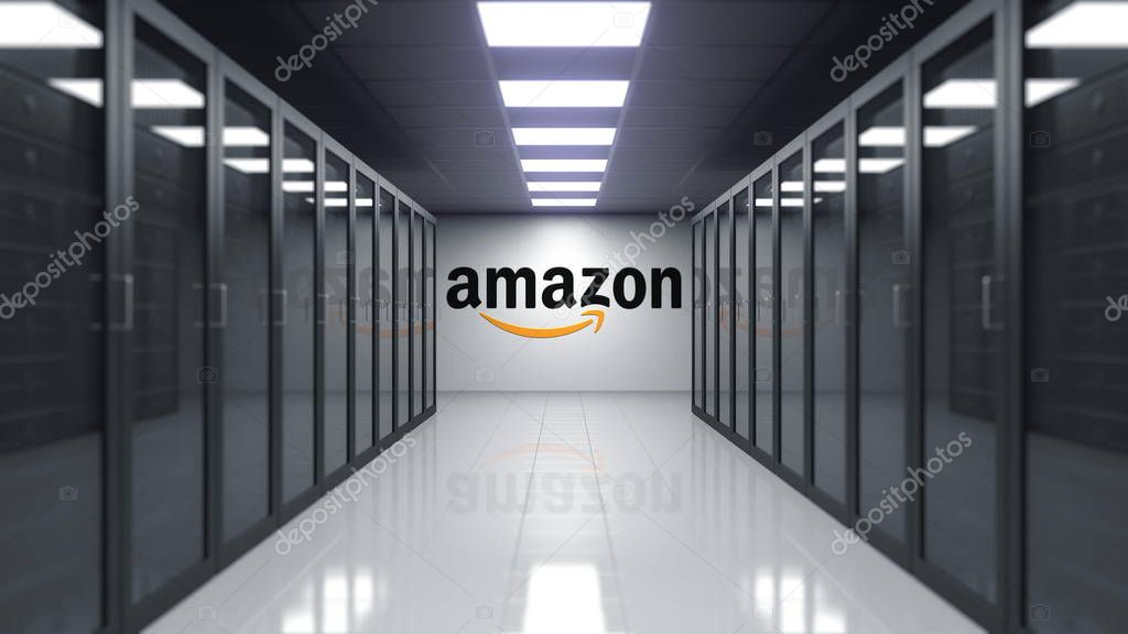 Amazon.com logo on the wall of the server room. Editorial 3D