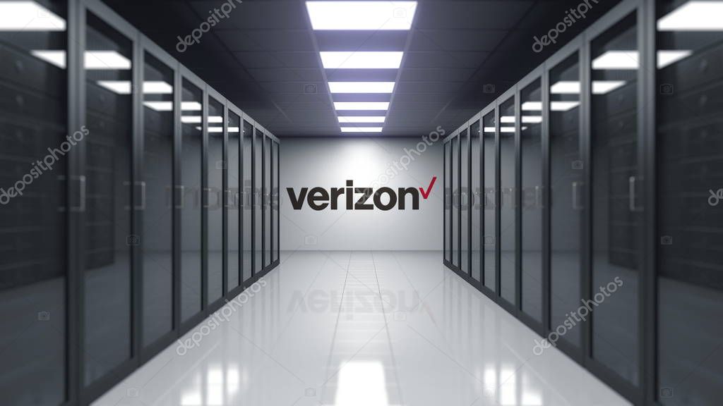Verizon Communications logo on the wall of the server room. Editorial 3D