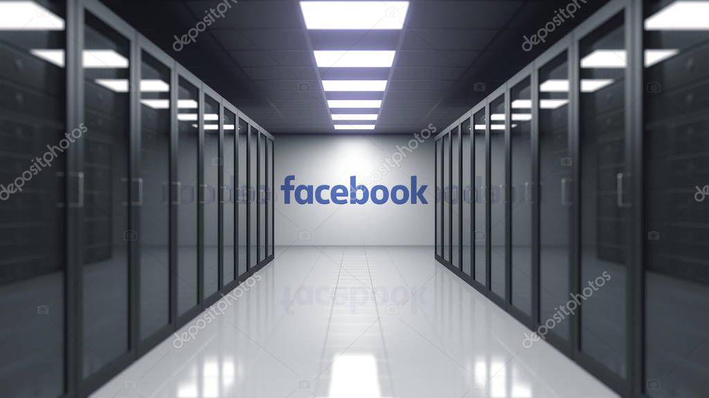 Facebook logo on the wall of the server room. Editorial 3D