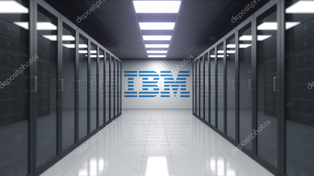 IBM logo on the wall of the server room. Editorial 3D
