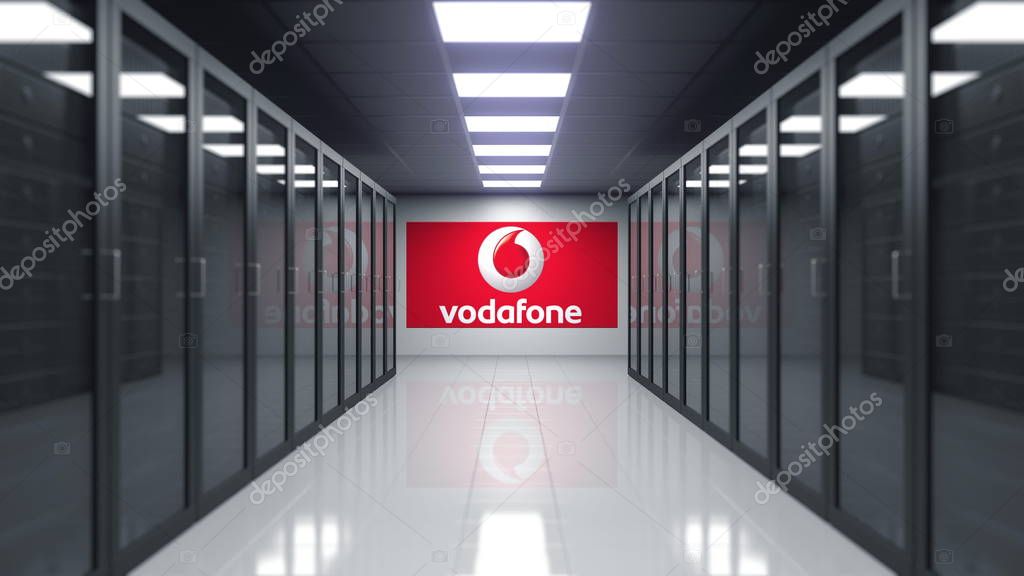 Vodafone logo on the wall of the server room. Editorial 3D