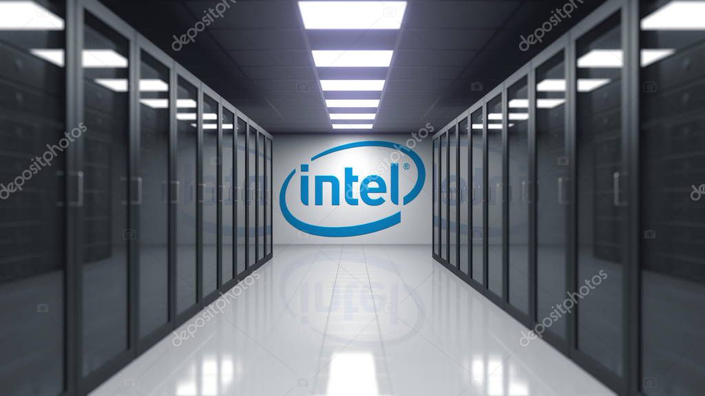 Intel Corporation logo on the wall of the server room. Editorial 3D