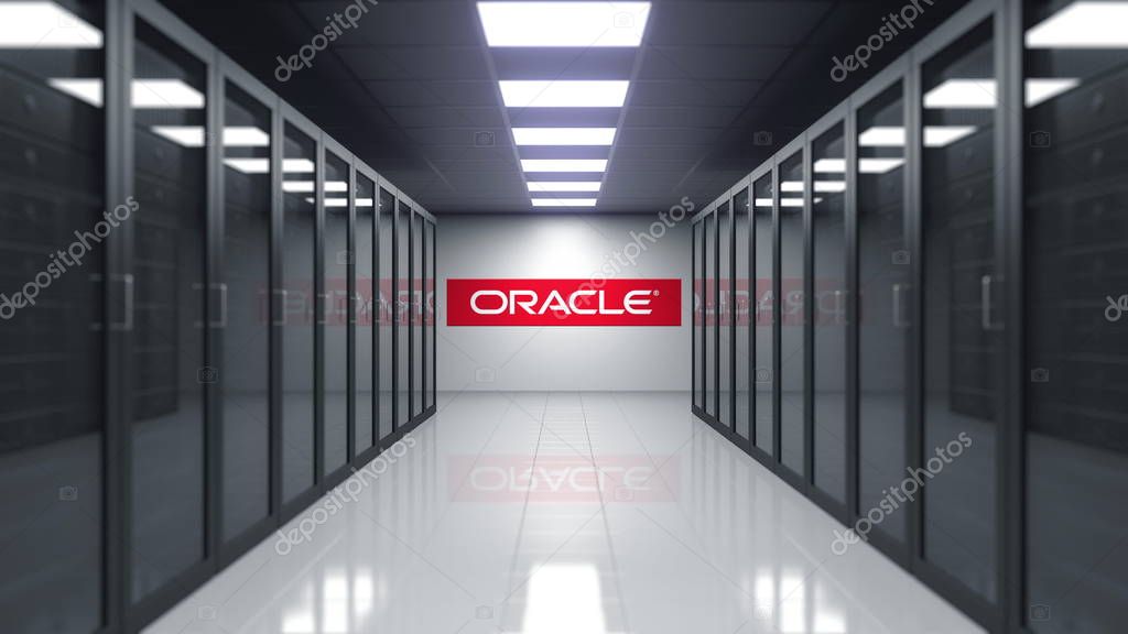 Oracle Corporation logo on the wall of the server room. Editorial 3D