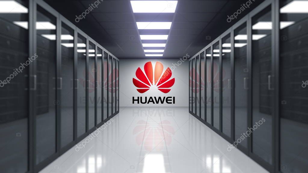 Huawei logo on the wall of the server room. Editorial 3D