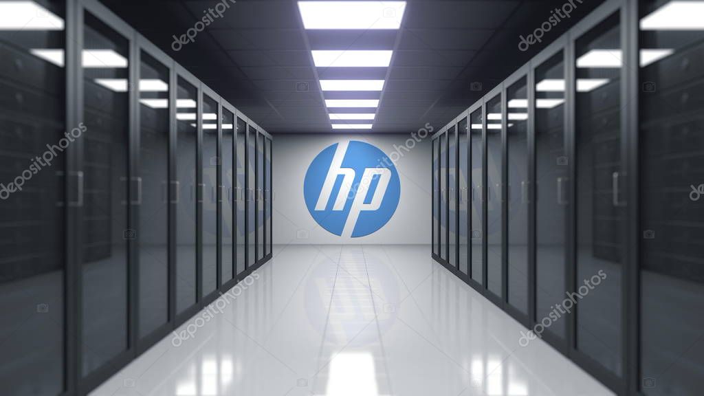 HP Inc. logo on the wall of the server room. Editorial 3D