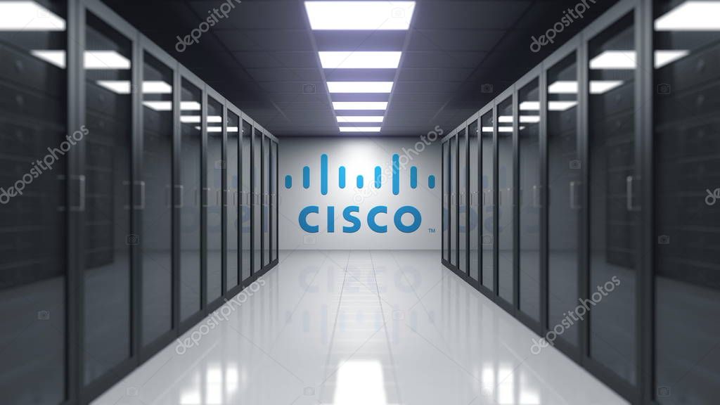 Cisco Systems logo on the wall of the server room. Editorial 3D