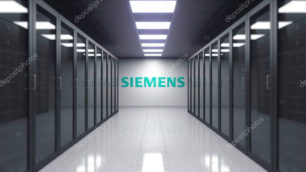 Siemens logo on the wall of the server room. Editorial 3D