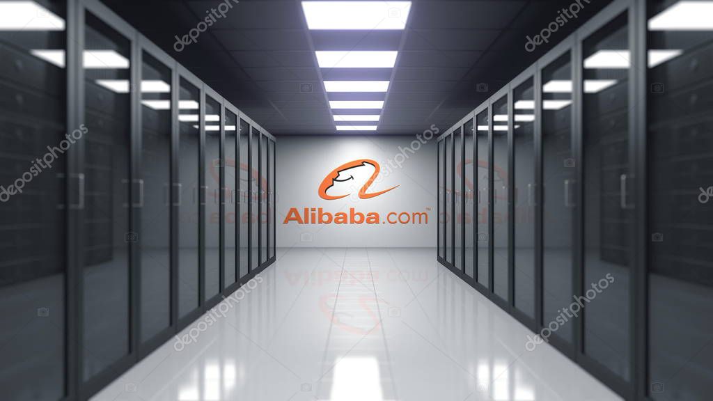 Alibaba.com logo on the wall of the server room. Editorial 3D