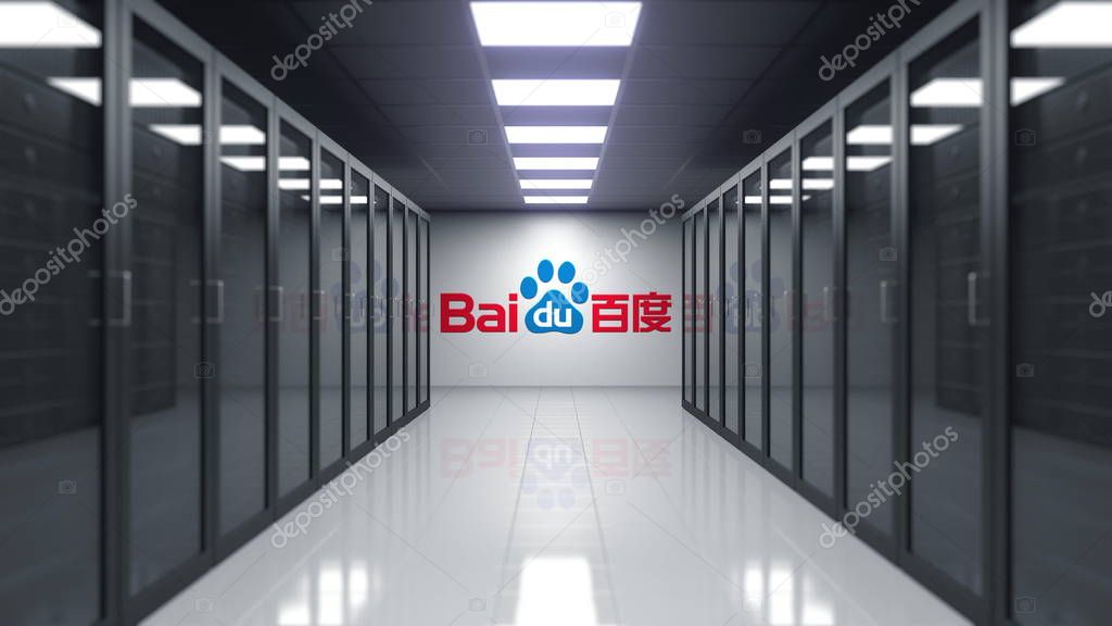 Baidu logo on the wall of the server room. Editorial 3D