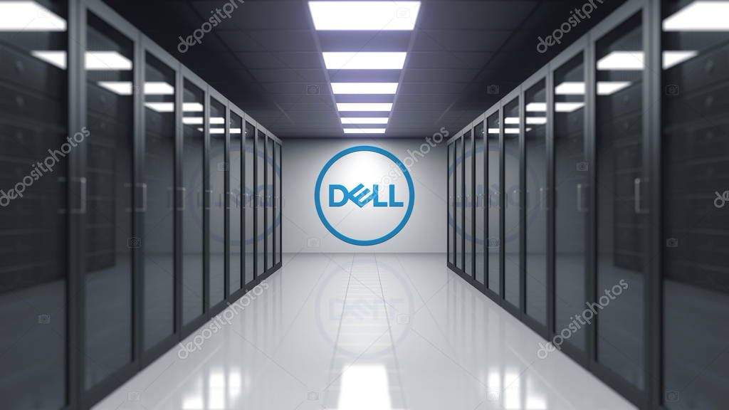 Dell Inc. logo on the wall of the server room. Editorial 3D