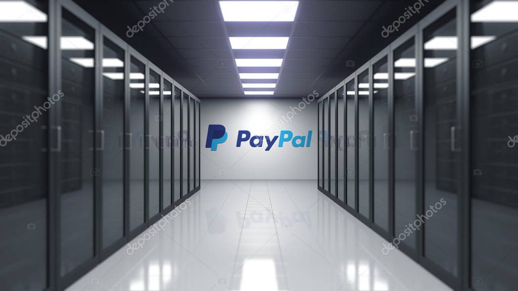 PayPal logo on the wall of the server room. Editorial 3D