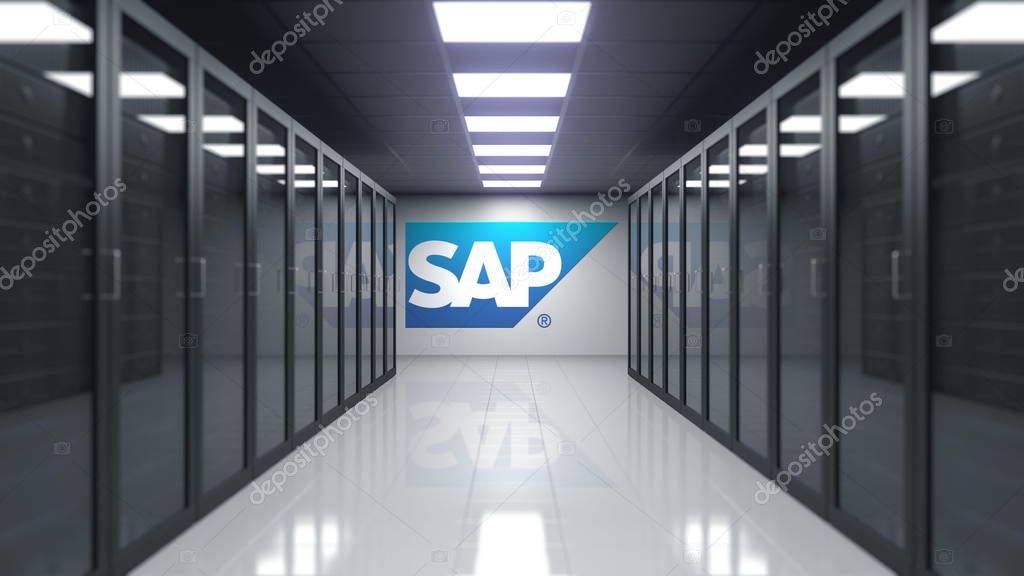 SAP SE logo on the wall of the server room. Editorial 3D