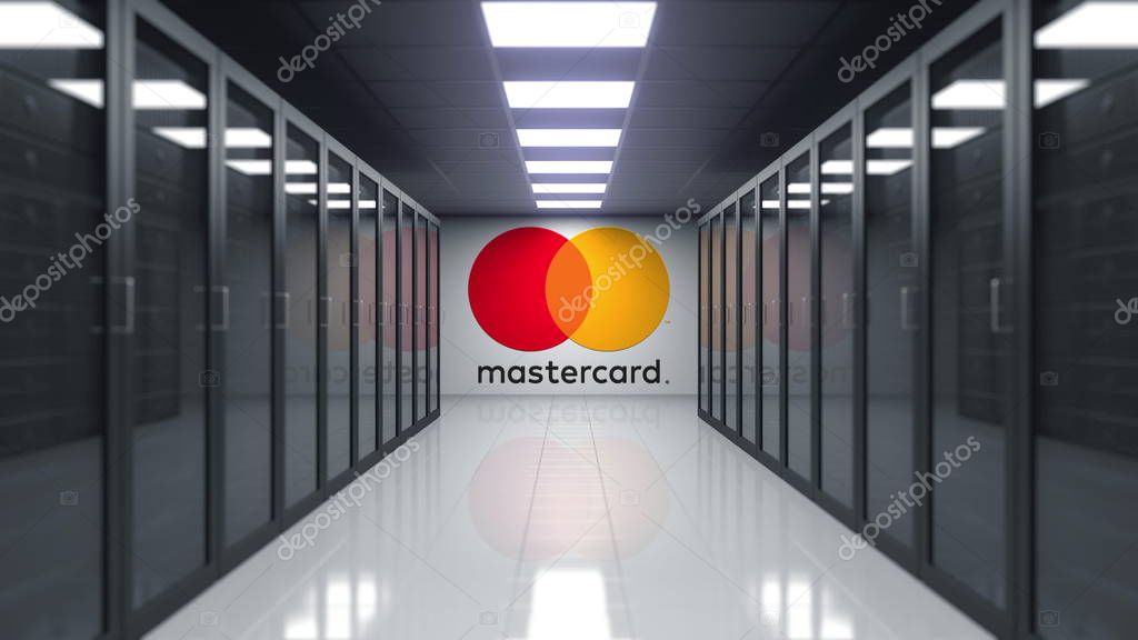 MasterCard logo on the wall of the server room. Editorial 3D