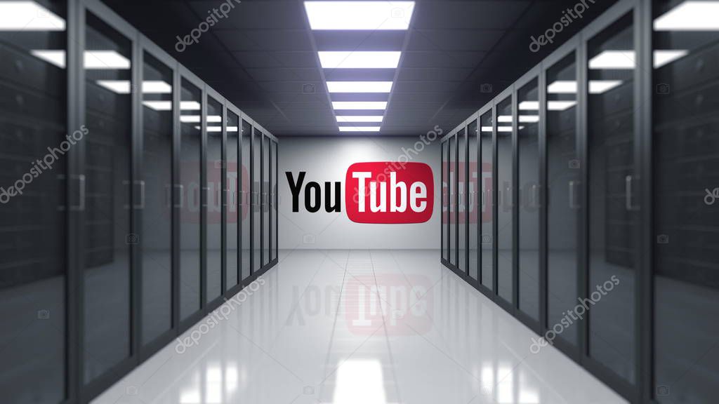 YouTube logo on the wall of the server room. Editorial 3D
