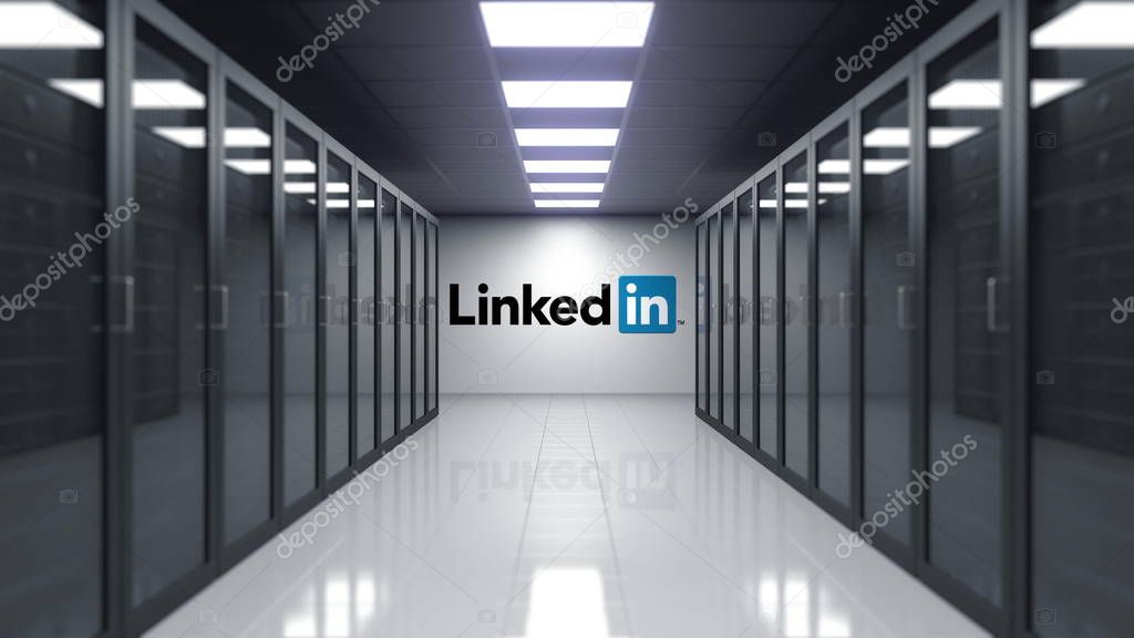 LinkedIn logo on the wall of the server room. Editorial 3D