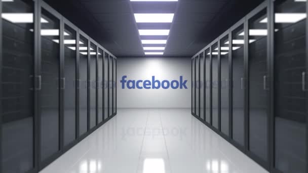 Facebook-logo op de muur van de serverkamer. Redactionele 3d animatie — Stockvideo