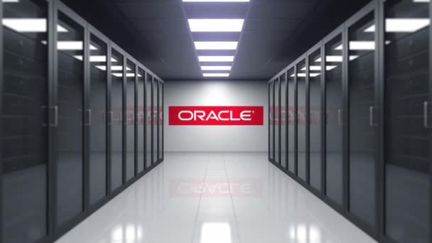 Logotipo da Oracle Corporation na parede da sala do servidor. Animação 3D editorial — Vídeo de Stock