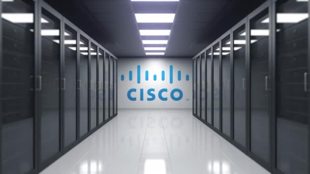 Logo Cisco Systems sulla parete della sala server. Animazione editoriale 3D — Video Stock