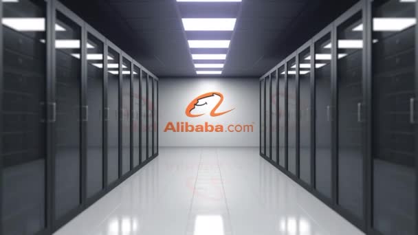 Alibaba.com-Logo an der Wand des Serverraums. redaktionelle 3D-Animation — Stockvideo