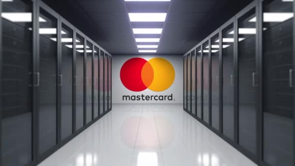 Logo MasterCard sur le mur de la salle des serveurs. Animation 3D éditoriale — Video