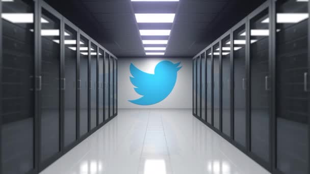 Logo de Twitter en la pared de la sala de servidores. Animación Editorial 3D — Vídeo de stock