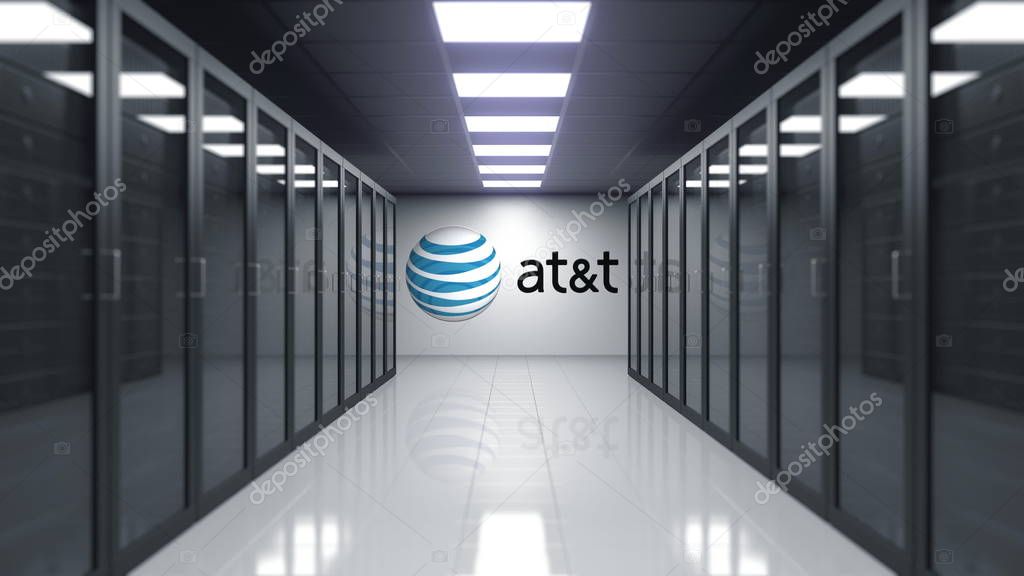 American Telephone and Telegraph Company ATT logo on the wall of the server room. Editorial 3D