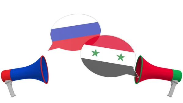 큰 스피커가 달린 연설 거품에 시리아와 러시아의 깃발. 국제 대화 또는 문화간 대화는 3D 렌더링 과 관련 이 있다. — 스톡 사진