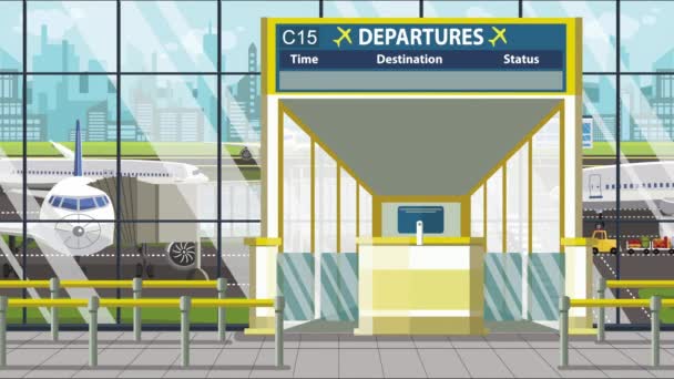 Terminal dell'aeroporto. Scheda di partenza sopra il cancello con testo Sofia. Viaggio in Bulgaria animazione dei cartoni animati — Video Stock