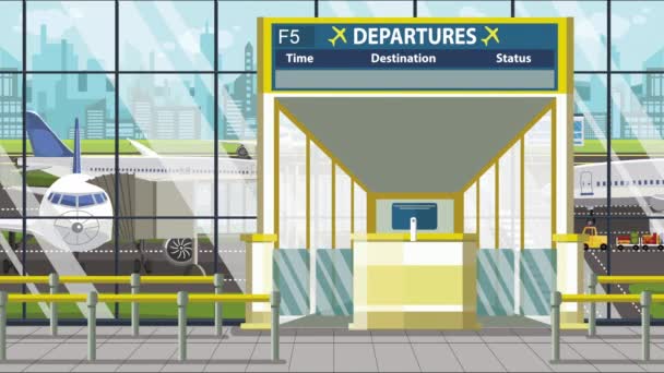 Terminal dell'aeroporto. Partenza da bordo sopra il cancello con testo Salt Lake City. Viaggio negli Stati Uniti animazione a cartoni animati — Video Stock