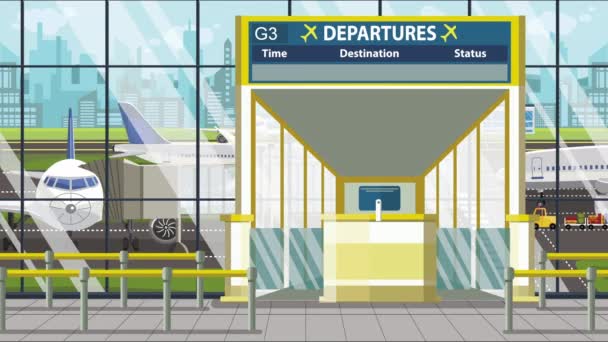 Vuelo a Riad a bordo del aeropuerto. Viaje a Arabia Saudita animación de dibujos animados loopable — Vídeos de Stock