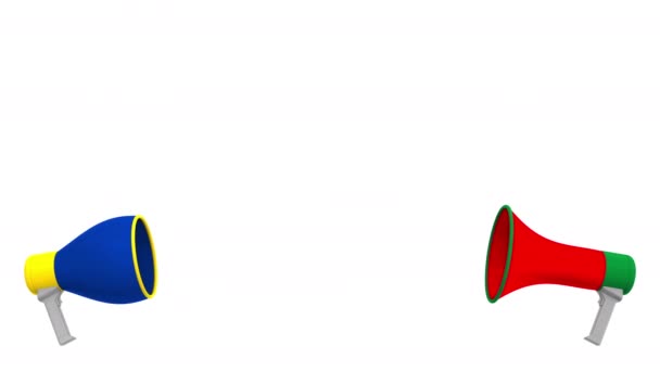 Banderas de los Emiratos Árabes Unidos y de la Unión Europea sobre globos del habla procedentes de megáfonos. Diálogo intercultural o charlas internacionales relacionadas con la animación 3D — Vídeos de Stock